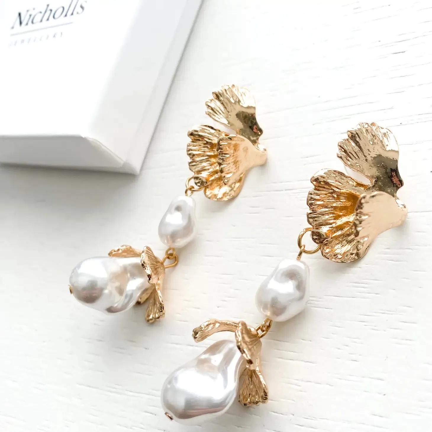 Pearl Bud Fan Leaf Drop Statement Earrings