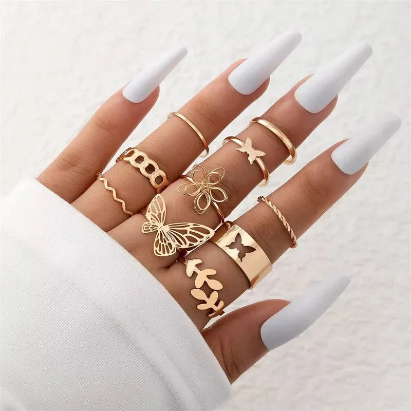 Punk Silver Color Liquid Butterfly Rings Set For Women Fashion Irregular Wave Metal Knuckle Rings Aesthetic Egirl Gothic Jewelry