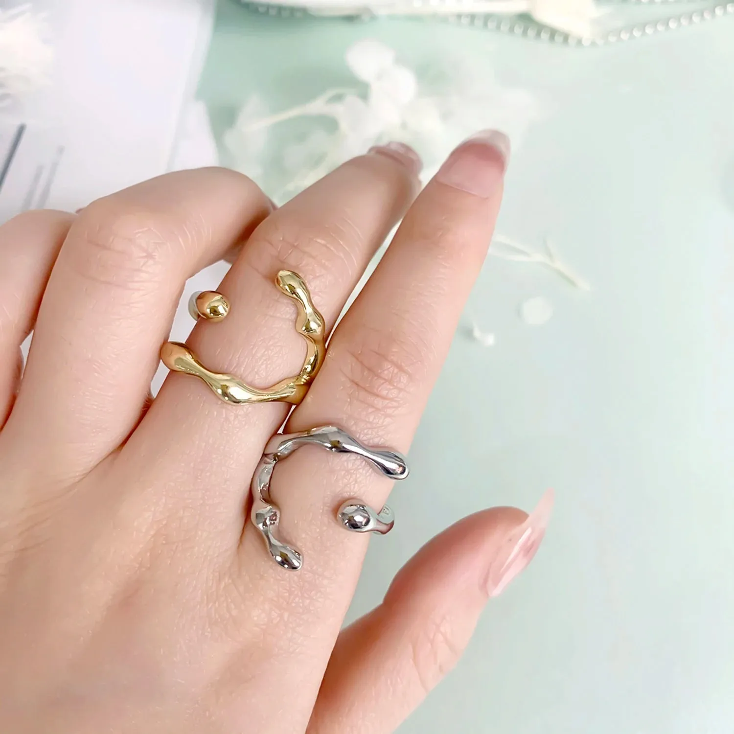 Punk Silver Color Liquid Butterfly Rings Set For Women Fashion Irregular Wave Metal Knuckle Rings Aesthetic Egirl Gothic Jewelry