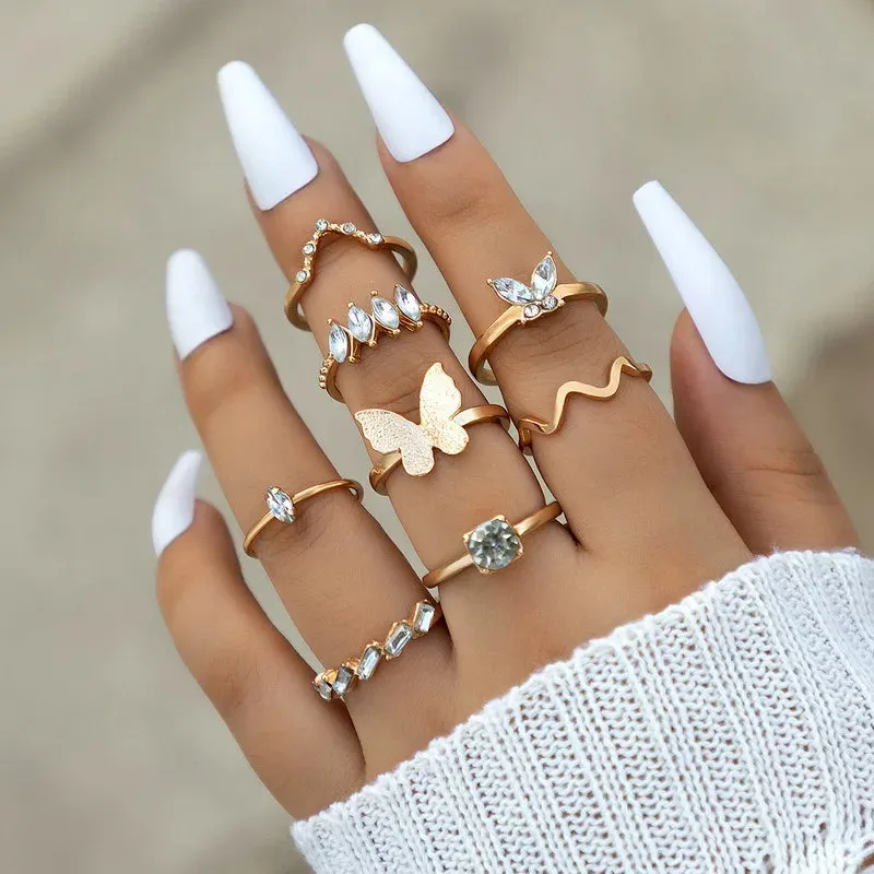 Punk Silver Color Liquid Butterfly Rings Set For Women Fashion Irregular Wave Metal Knuckle Rings Aesthetic Egirl Gothic Jewelry