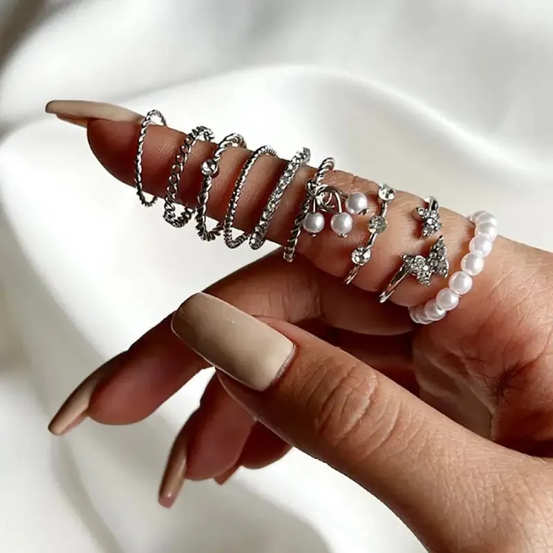 Punk Silver Color Liquid Butterfly Rings Set For Women Fashion Irregular Wave Metal Knuckle Rings Aesthetic Egirl Gothic Jewelry