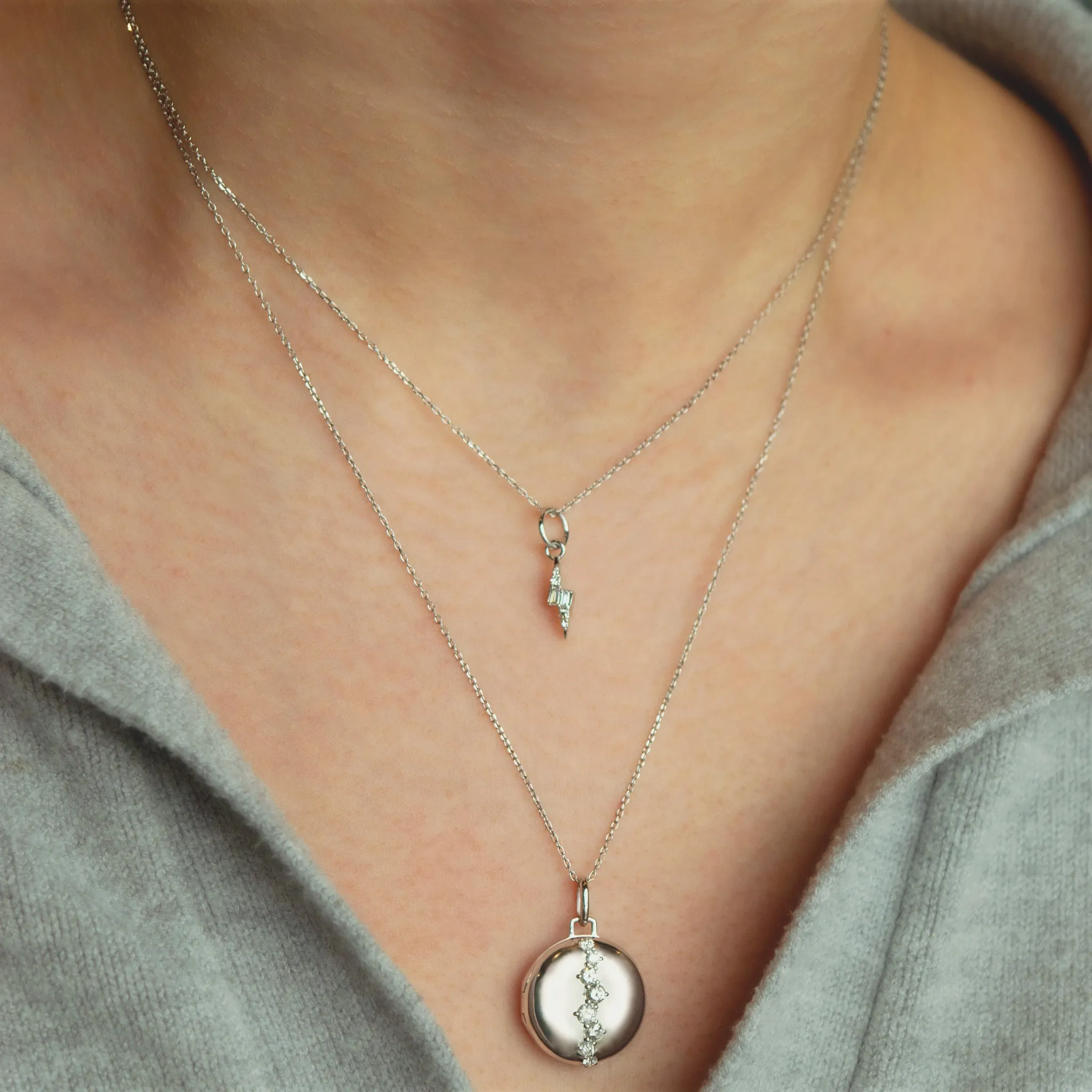 Reclaimed 18K White Gold Locket Necklace with Staggered Round Diamonds