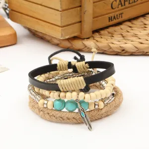 Retro Ethnic Style Cowhide with Simple Beaded Weaving Bracelet