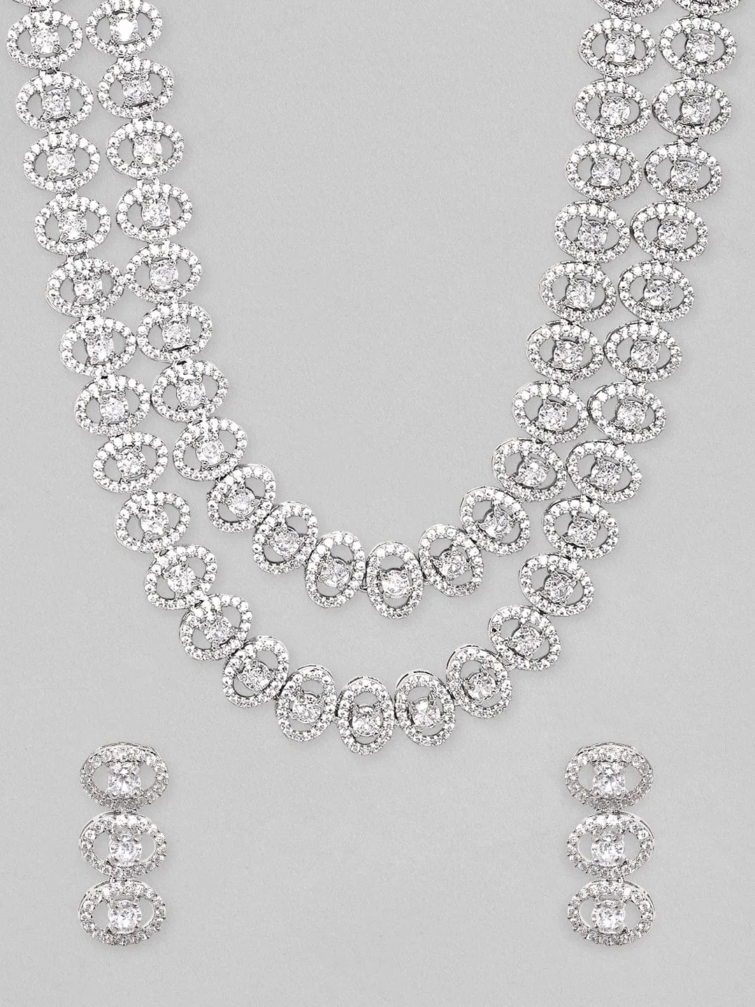 Rubans Rhodium Plated Premium White Round Zircons Studded Classy Double Layer Statement Jewellery Set.