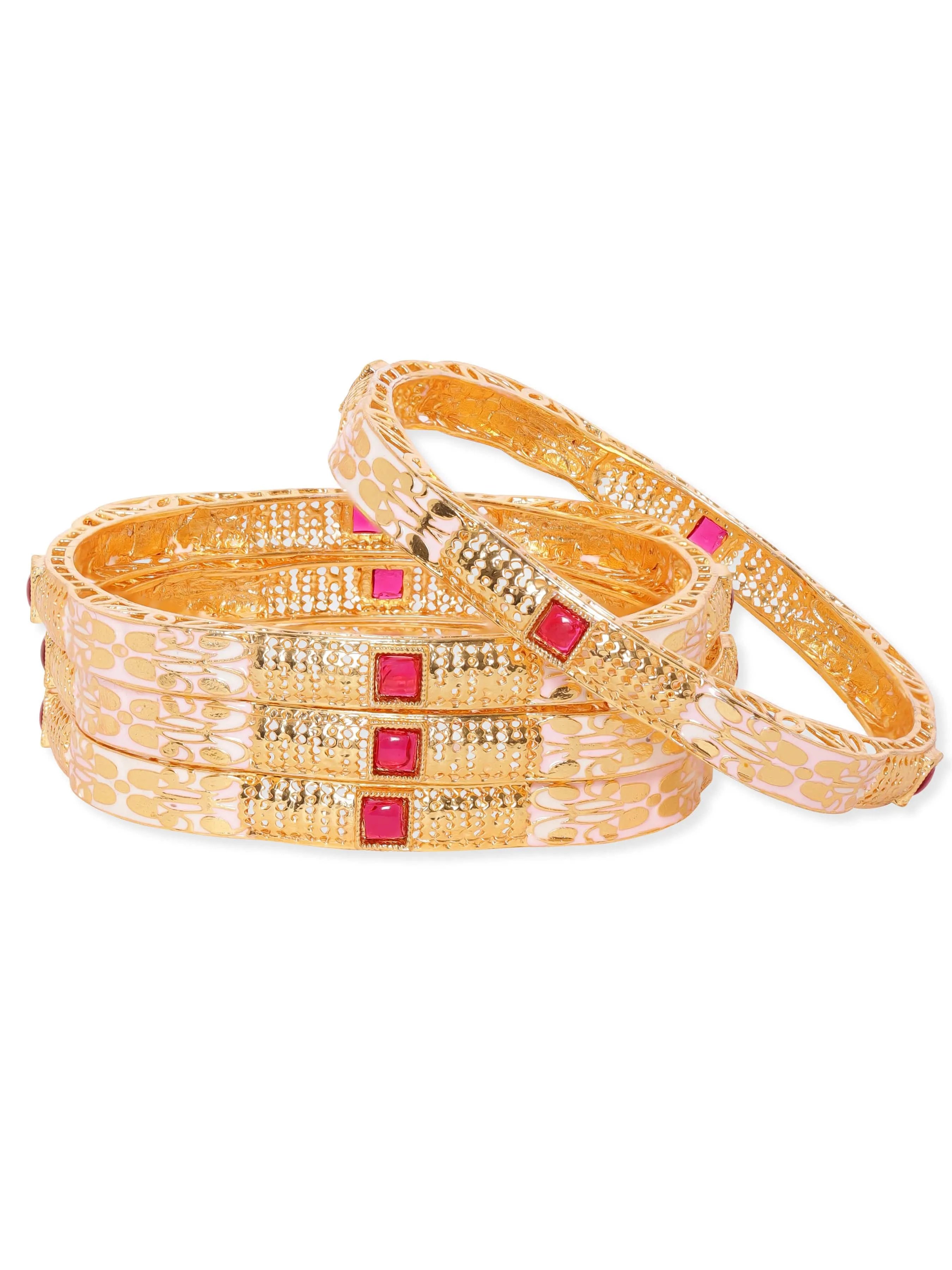 Rubans Set of 4, 22K Gold plated Pink Enamel Kemp stone studded Traditional bangles