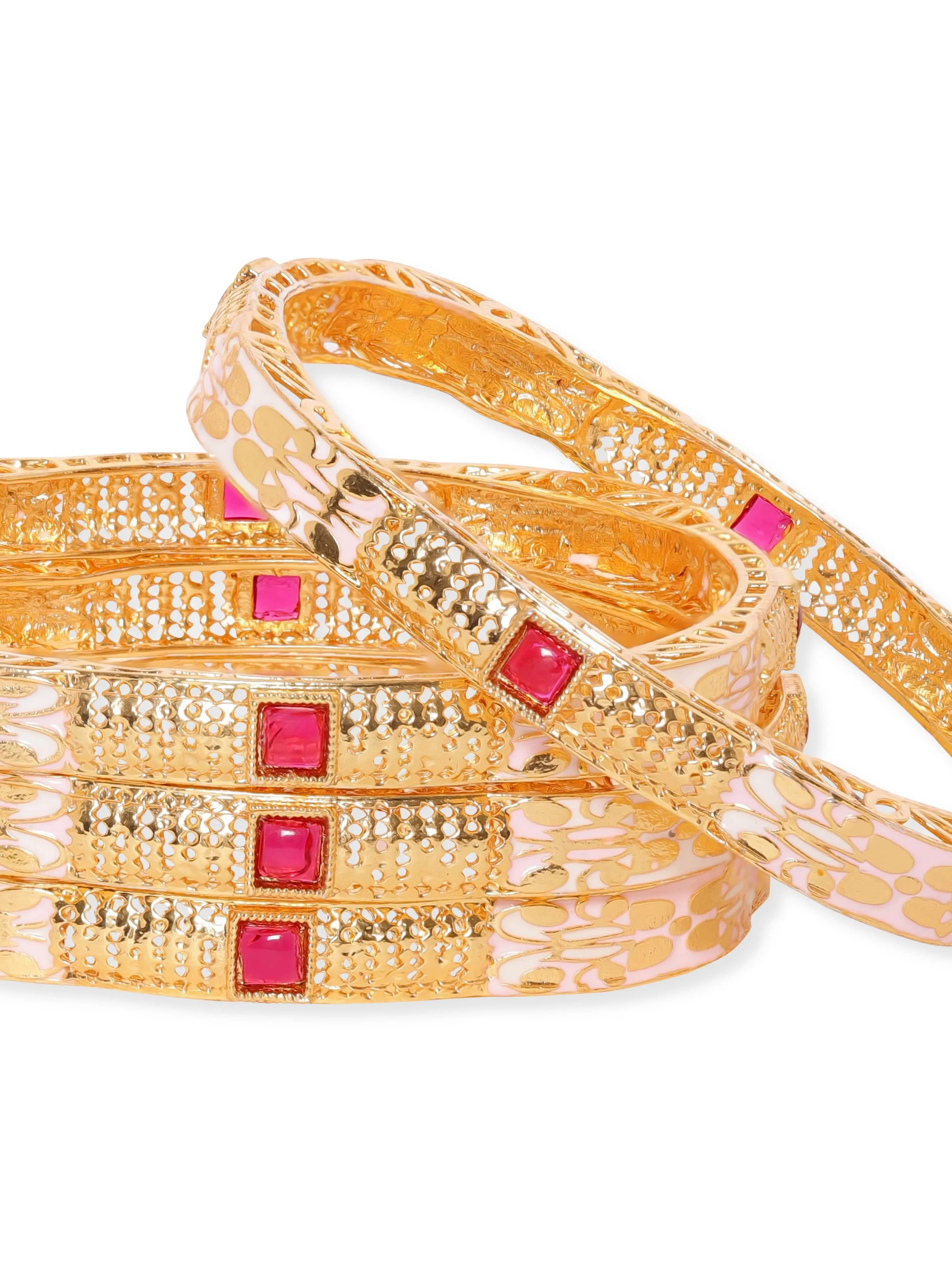 Rubans Set of 4, 22K Gold plated Pink Enamel Kemp stone studded Traditional bangles