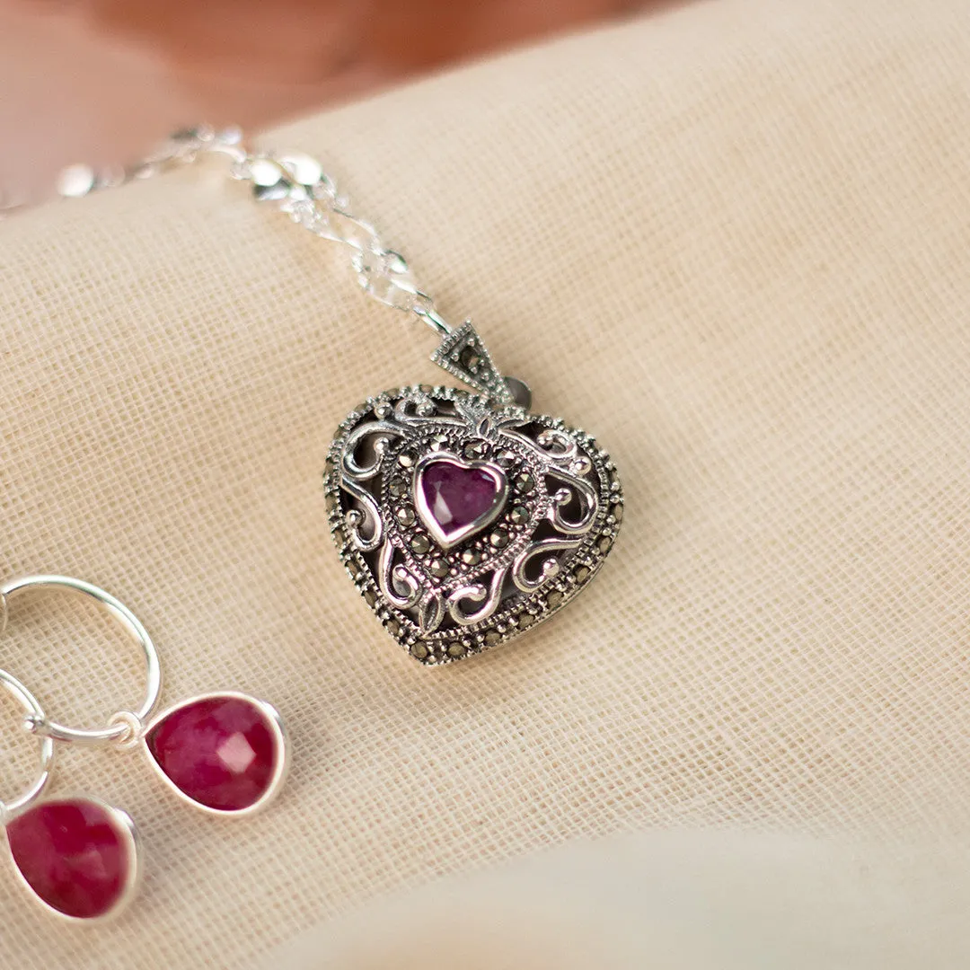 Ruby Vintage Heart Locket | Silver