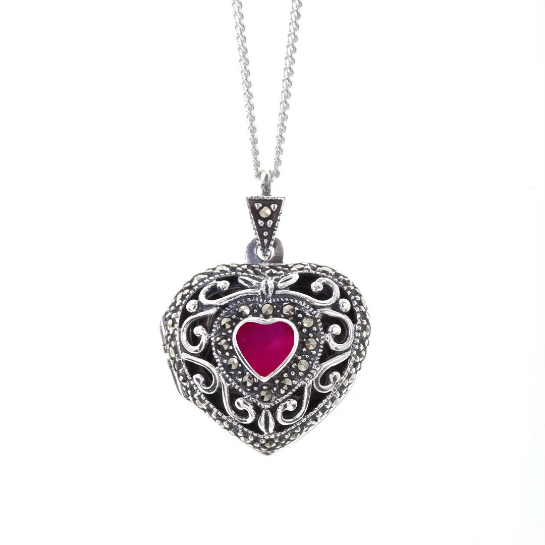 Ruby Vintage Heart Locket | Silver