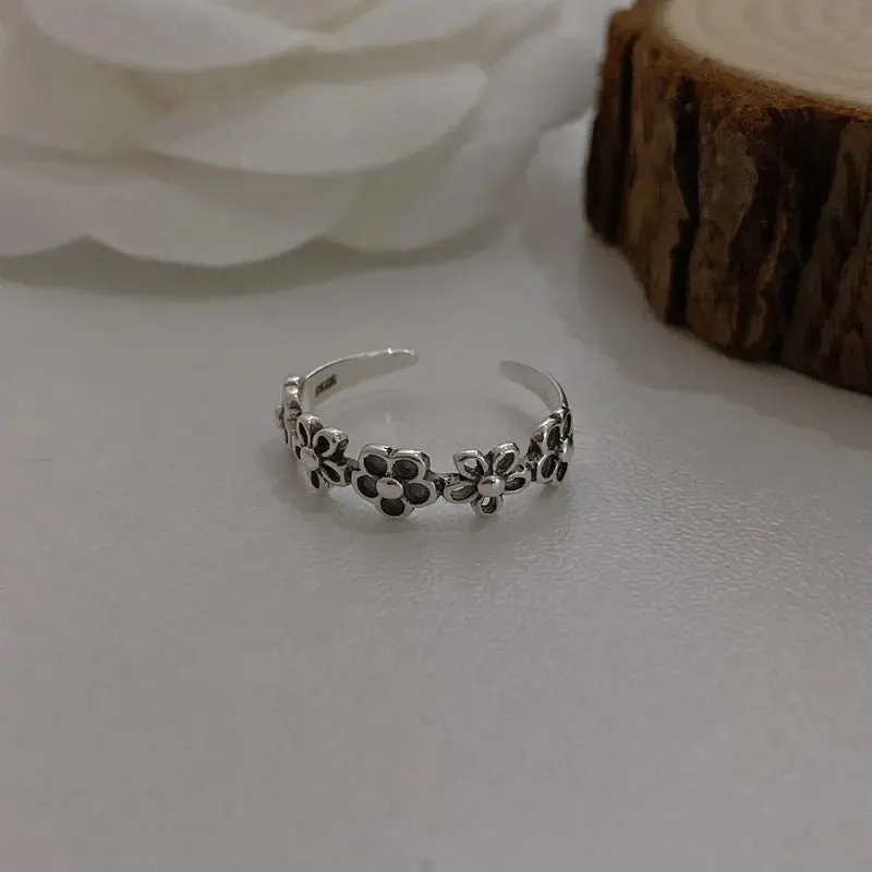 S925 Sterling Silver Hollow Flower Ring Fashionable Simple Adjustable Diamond Ring