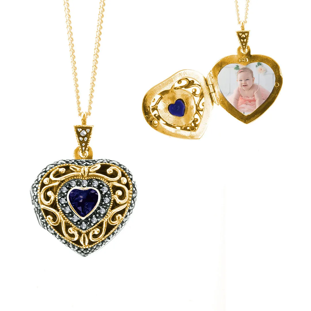 Sapphire Vintage Heart Locket | Gold