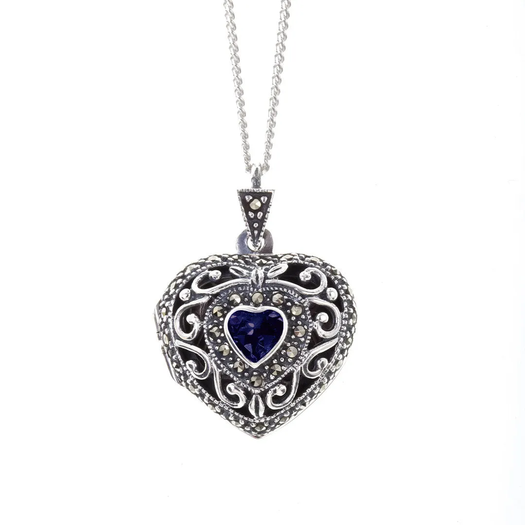 Sapphire Vintage Heart Locket | Silver