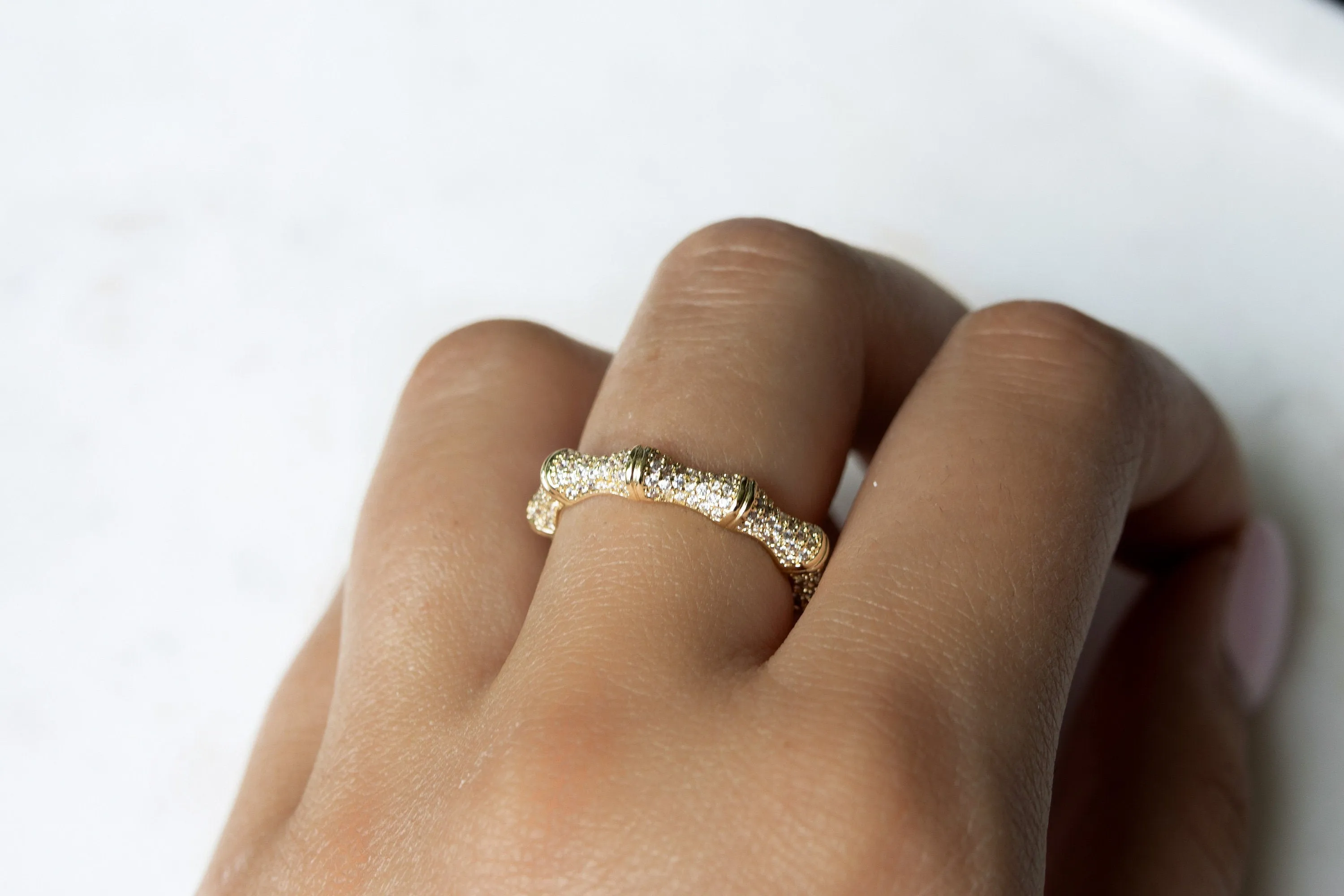 Set of Gold Bamboo Rings | Adjustable CZ Minimalist Bamboo Jewelry