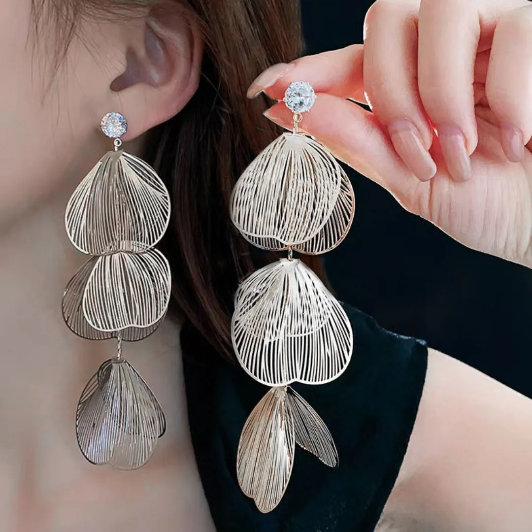 Silver Metal Leaf Long Stud Earrings