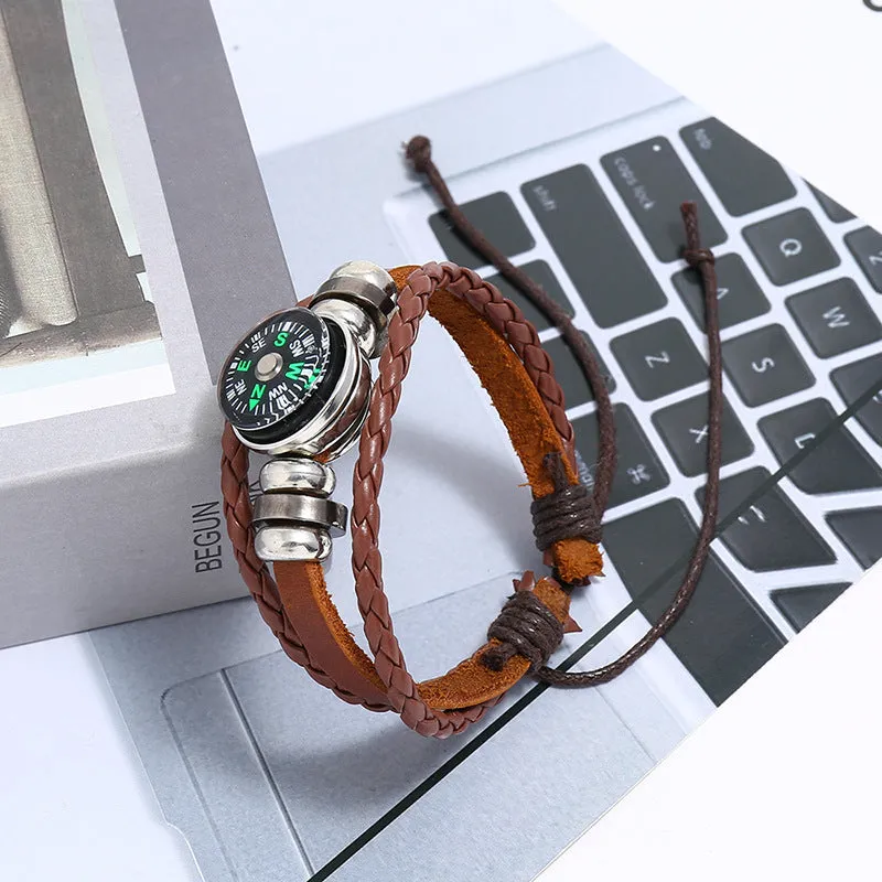 Simple Beaded Leather Bracelet outdoor compass