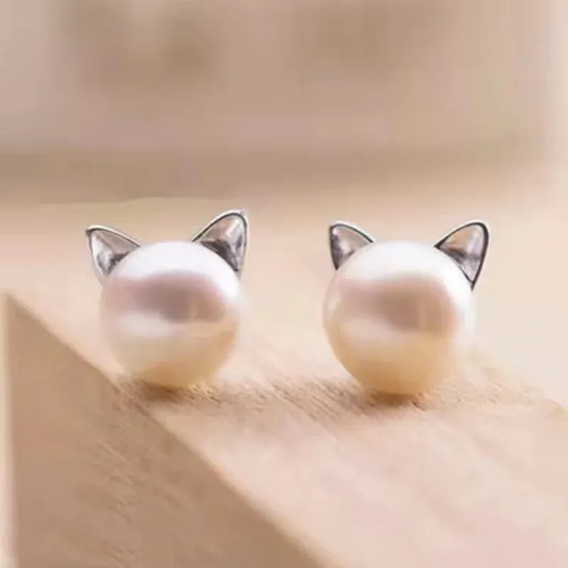 Simple Little Cat Earrings Korean Version Cat Pearl Earrings Versatile Travel Accessories