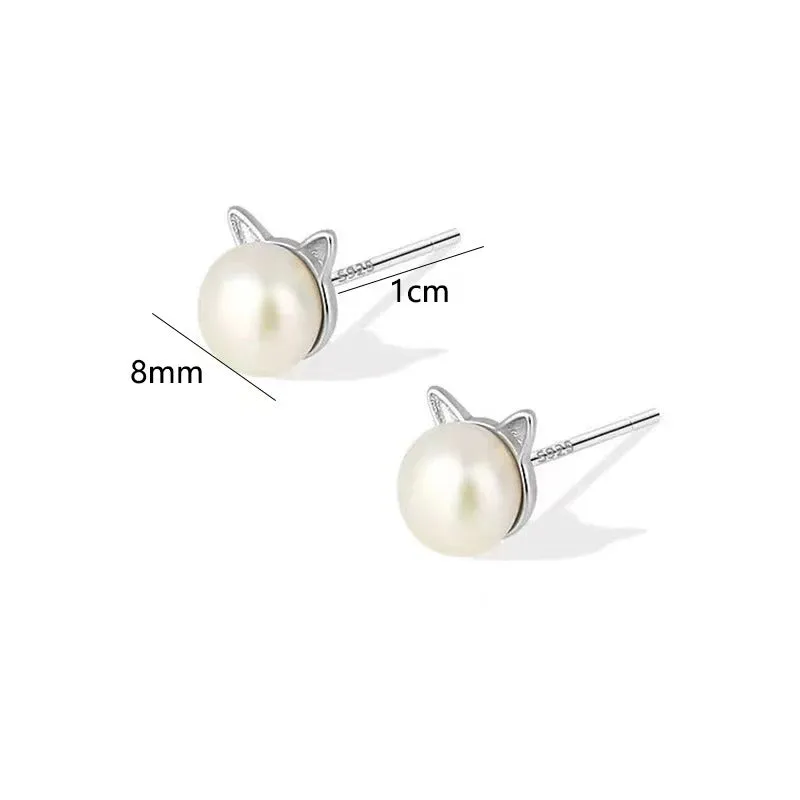 Simple Little Cat Earrings Korean Version Cat Pearl Earrings Versatile Travel Accessories