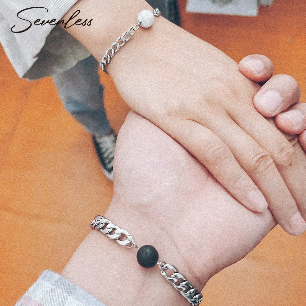 Simple Stainless Steel Natural Stone Couple Bracelet