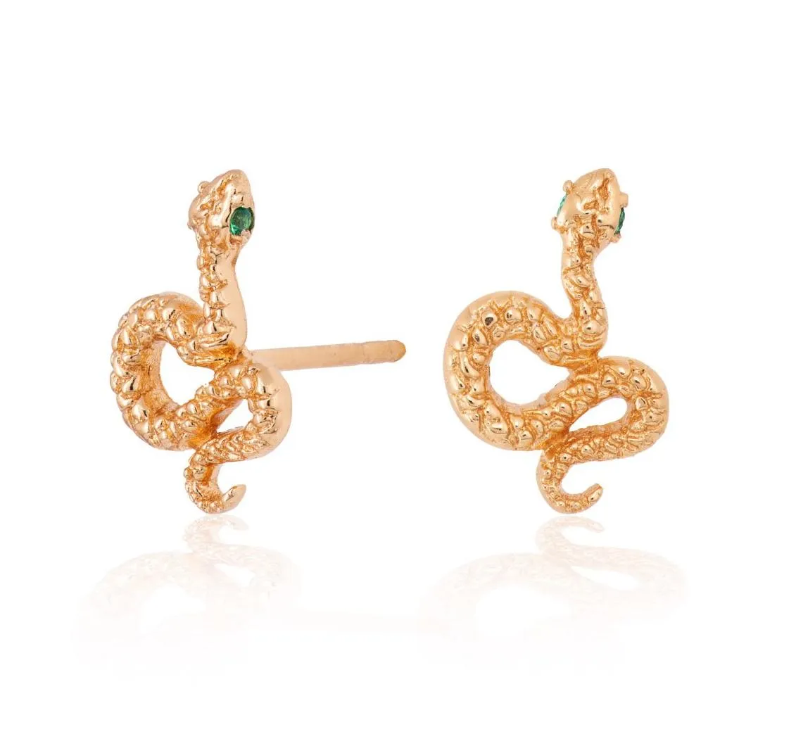 Snake Stud Earrings with Green Eyes