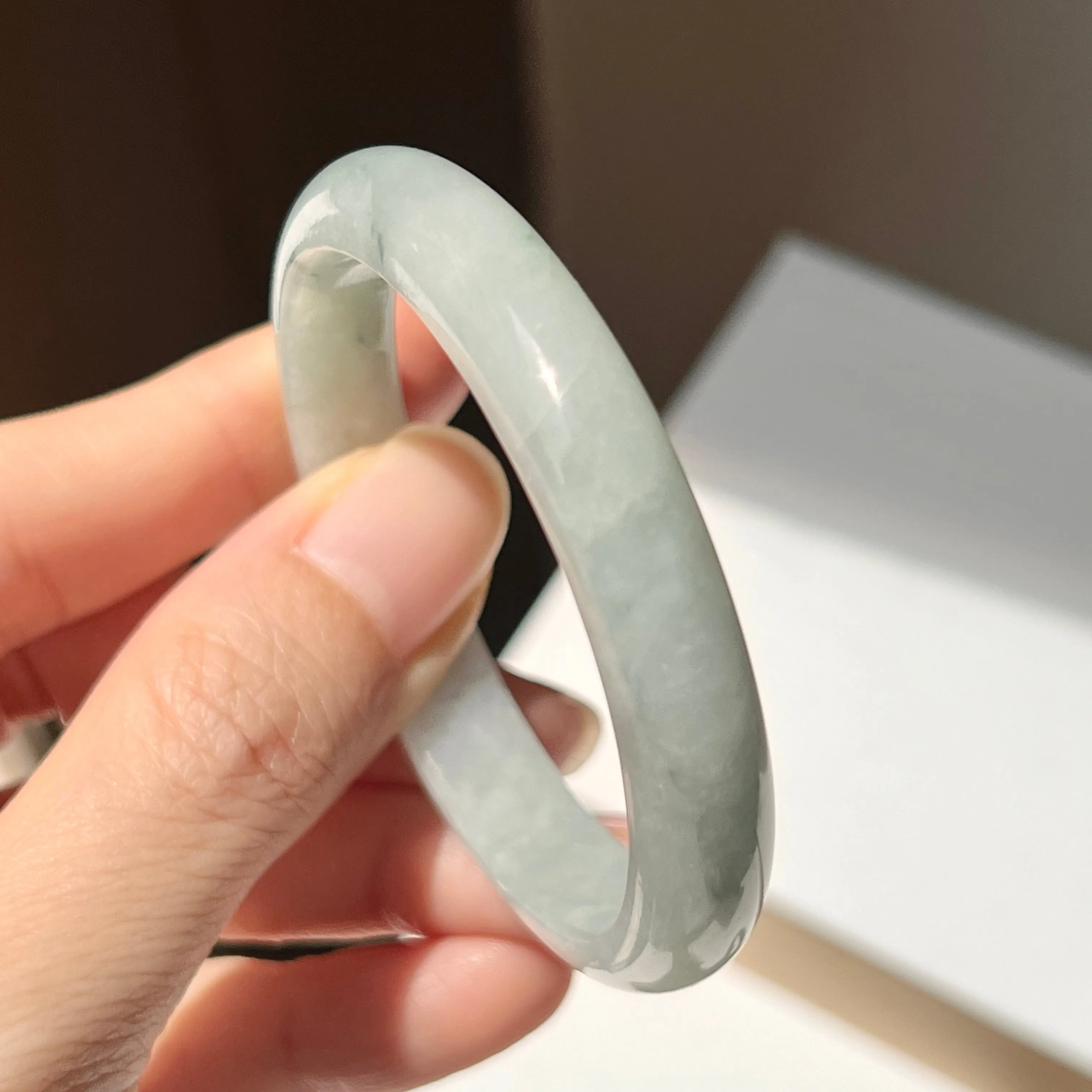 SOLD OUT: 50.5mm A-Grade Natural Bluish Green Floral Jadeite Modern Oval Bangle No. 152003