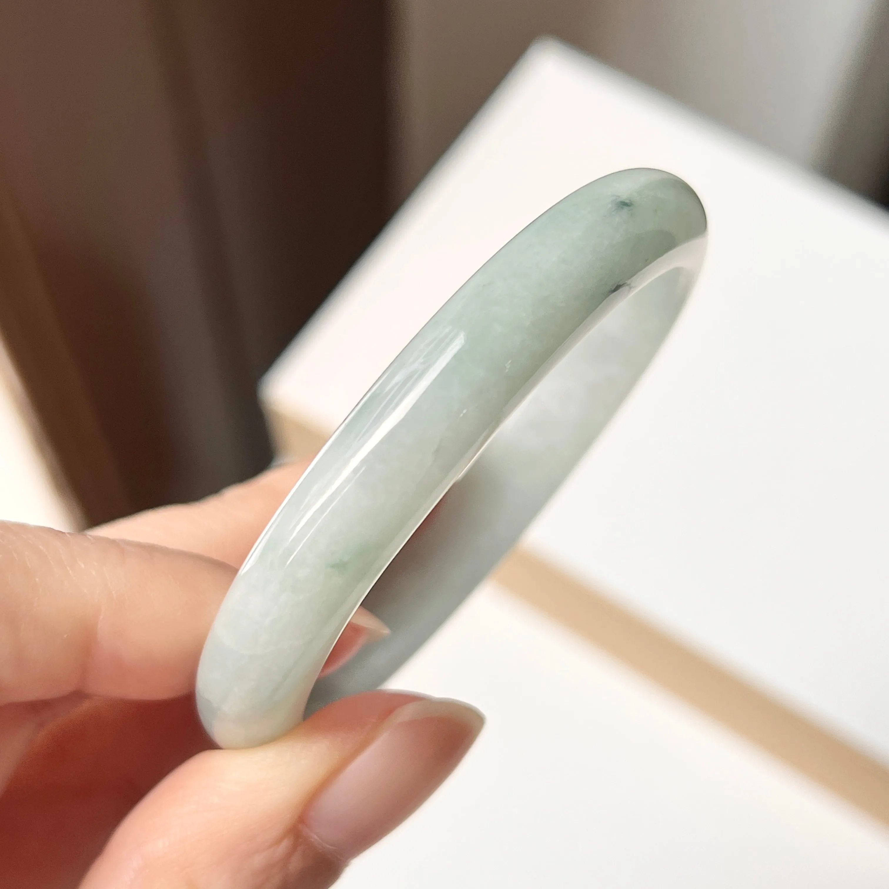 SOLD OUT: 50.5mm A-Grade Natural Bluish Green Floral Jadeite Modern Oval Bangle No. 152003