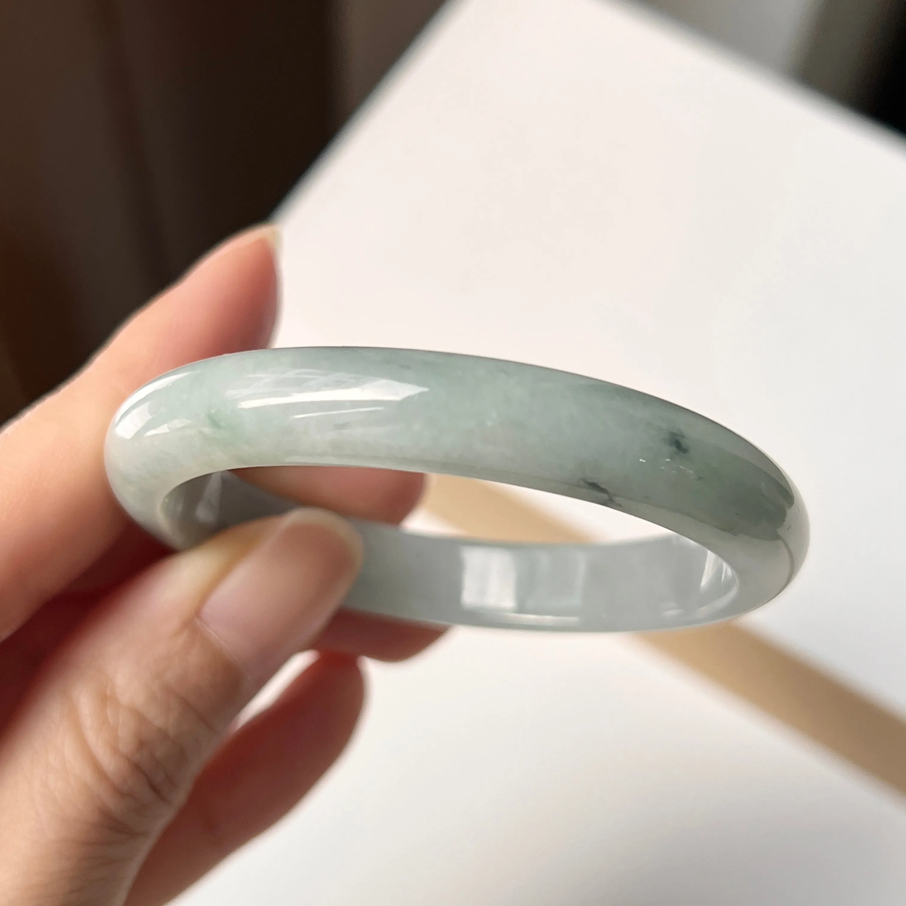 SOLD OUT: 50.5mm A-Grade Natural Bluish Green Floral Jadeite Modern Oval Bangle No. 152003