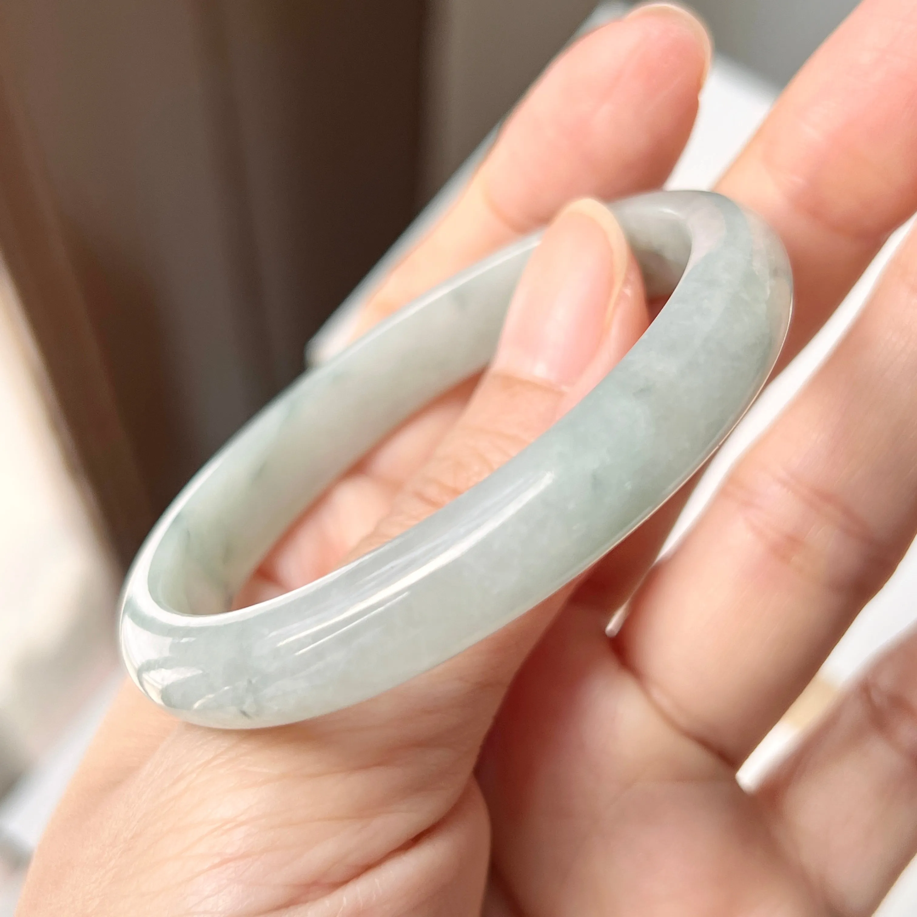 SOLD OUT: 50.5mm A-Grade Natural Bluish Green Floral Jadeite Modern Oval Bangle No. 152003