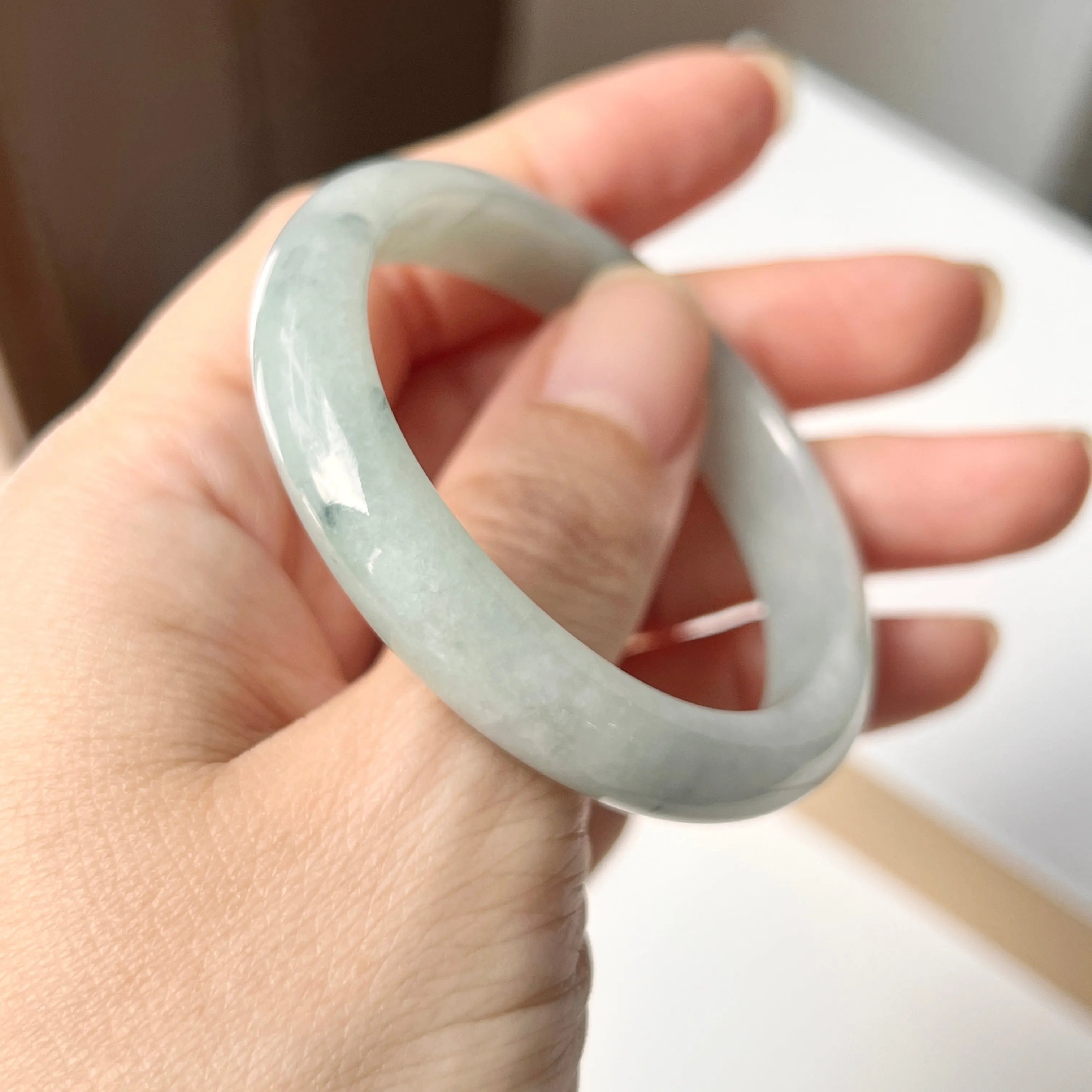 SOLD OUT: 50.5mm A-Grade Natural Bluish Green Floral Jadeite Modern Oval Bangle No. 152003