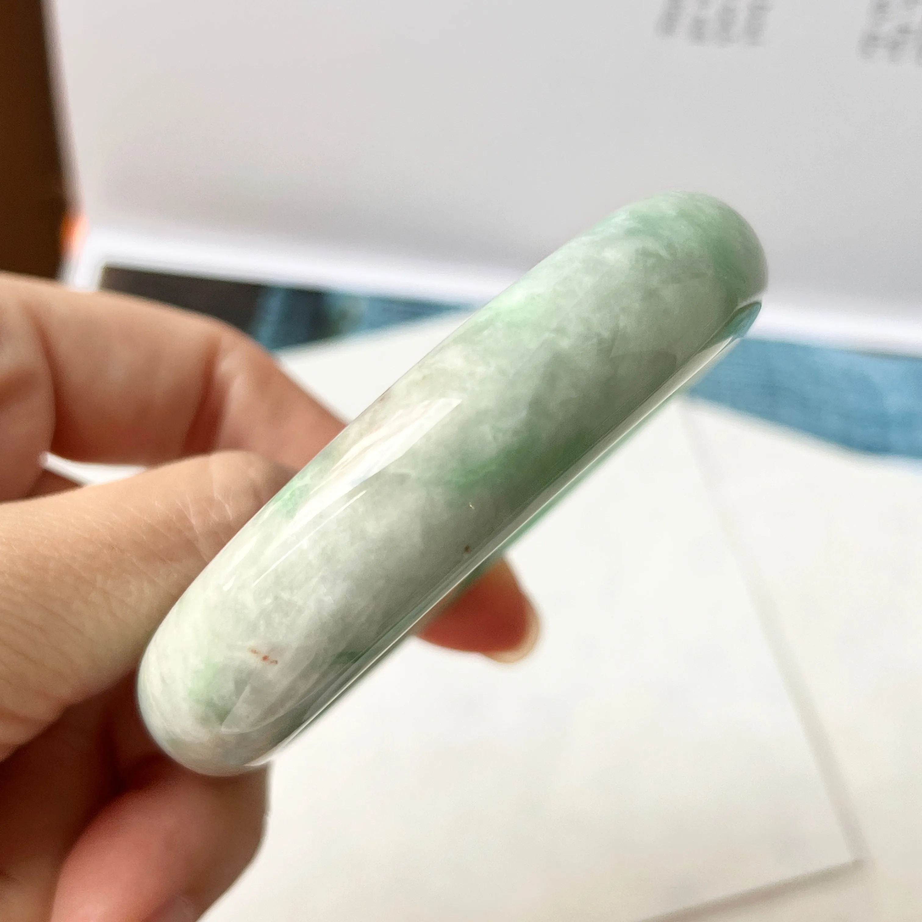 SOLD OUT: 52.4mm A-Grade Natural Moss On Snow Jadeite Modern Round Bangle No.151752