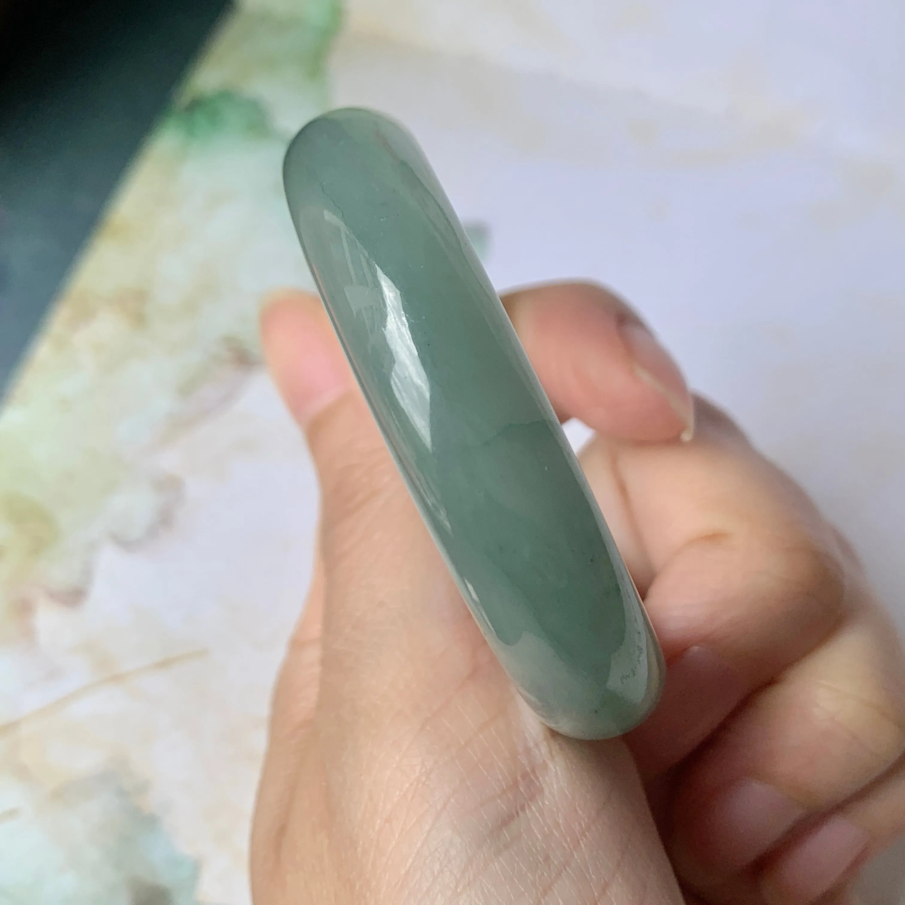 SOLD OUT: 52.9mm A-Grade Natural Bluish Green Jadeite Modern Oval Bangle No.151925