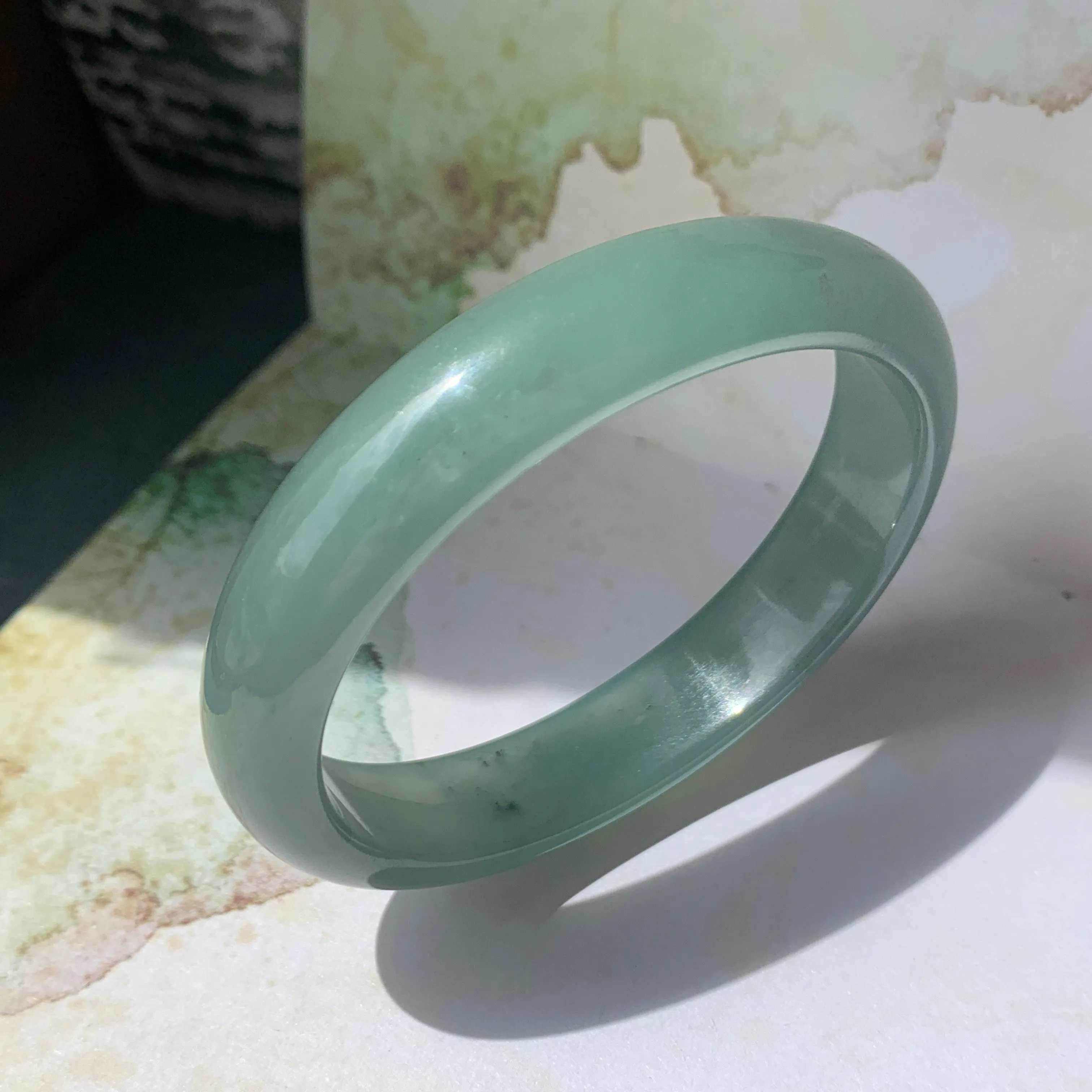 SOLD OUT: 52.9mm A-Grade Natural Bluish Green Jadeite Modern Oval Bangle No.151925