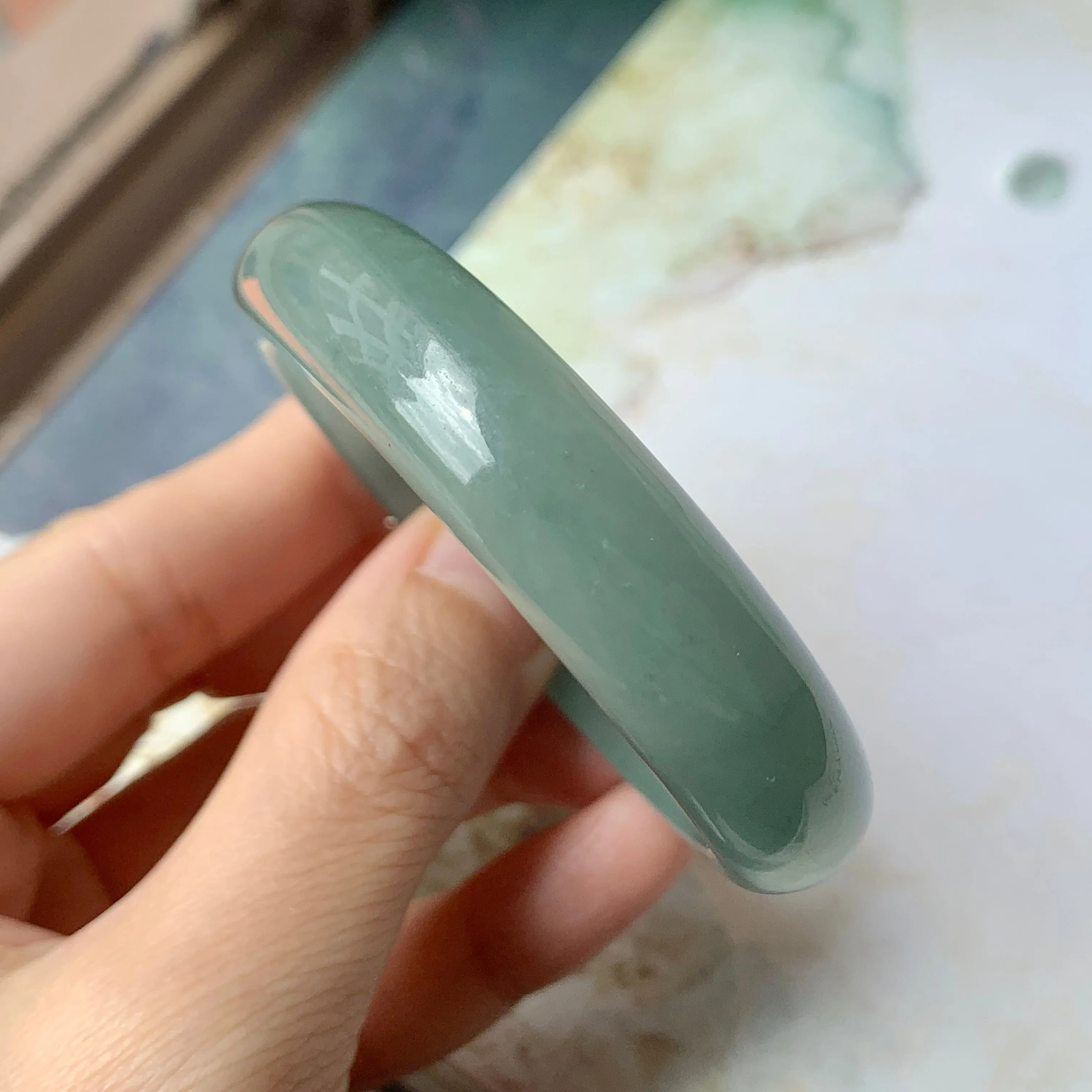 SOLD OUT: 52.9mm A-Grade Natural Bluish Green Jadeite Modern Oval Bangle No.151925