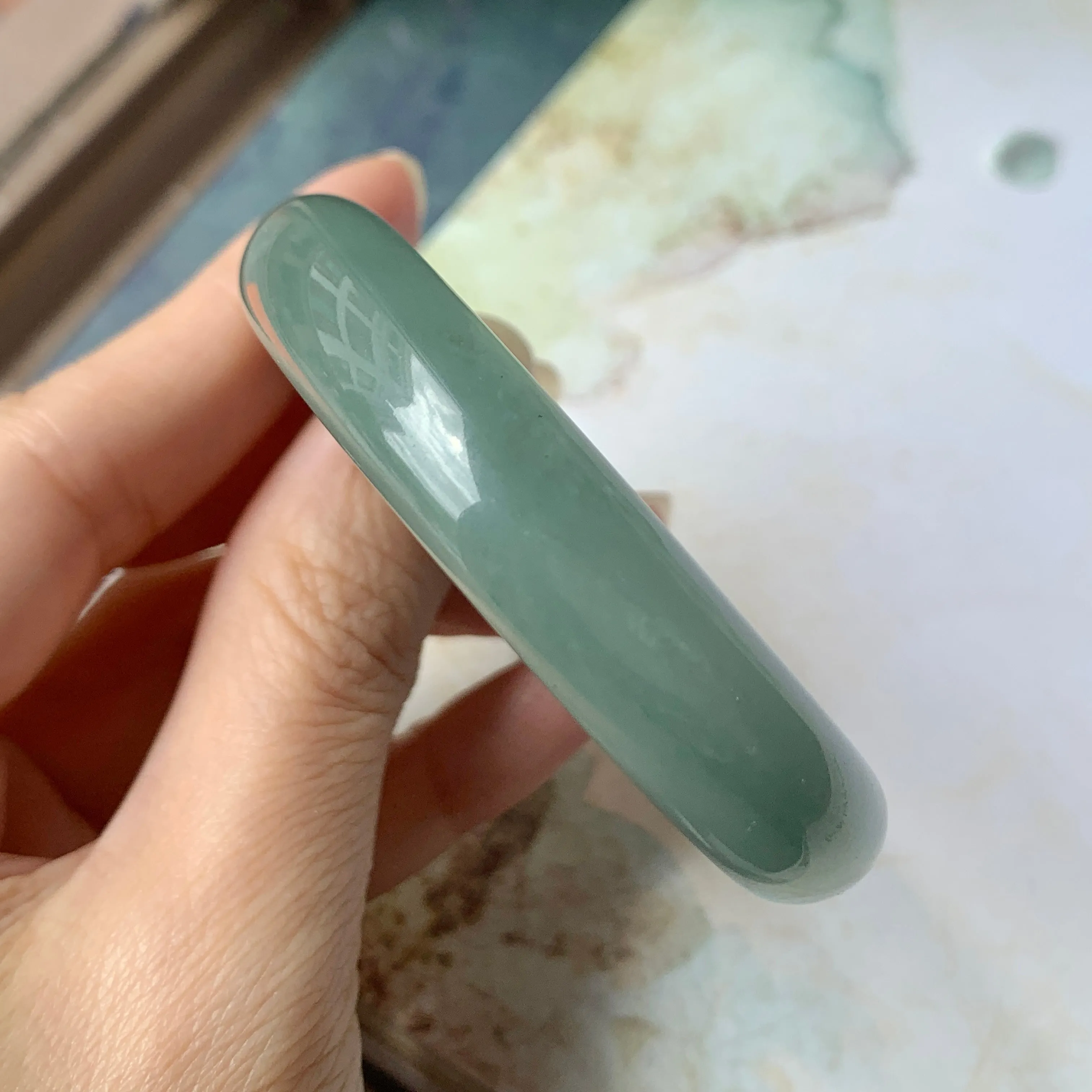 SOLD OUT: 52.9mm A-Grade Natural Bluish Green Jadeite Modern Oval Bangle No.151925