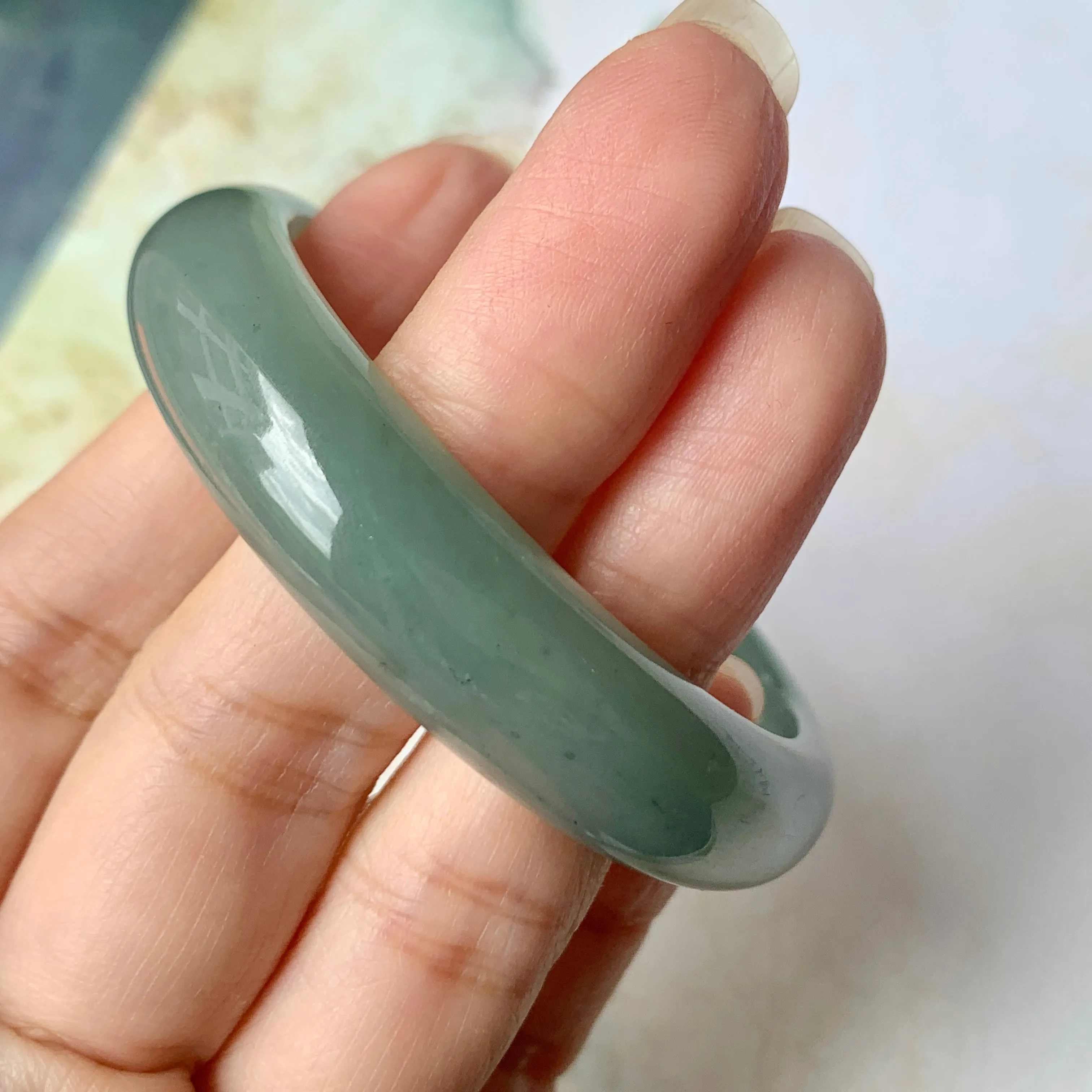 SOLD OUT: 52.9mm A-Grade Natural Bluish Green Jadeite Modern Oval Bangle No.151925