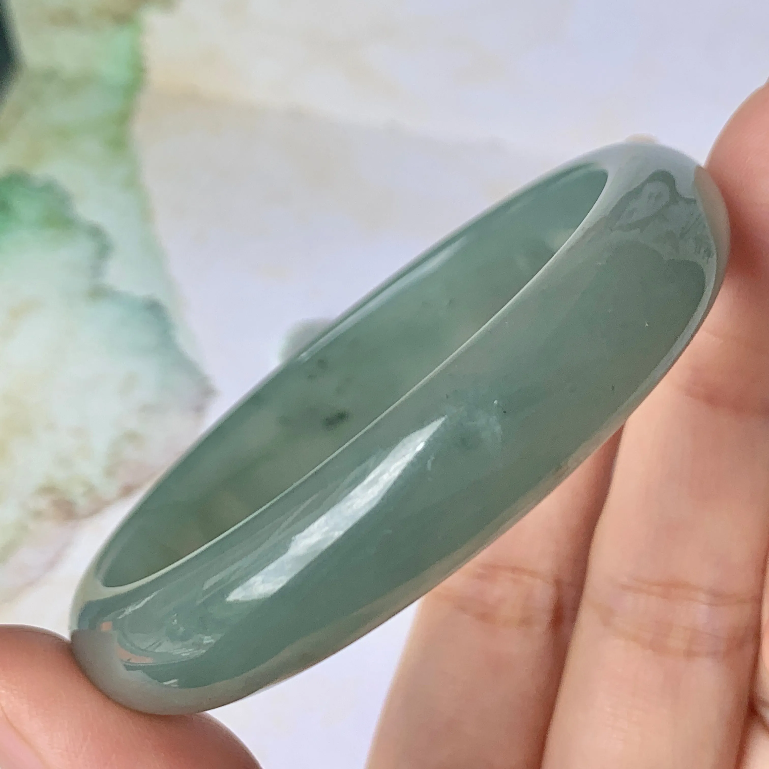 SOLD OUT: 52.9mm A-Grade Natural Bluish Green Jadeite Modern Oval Bangle No.151925