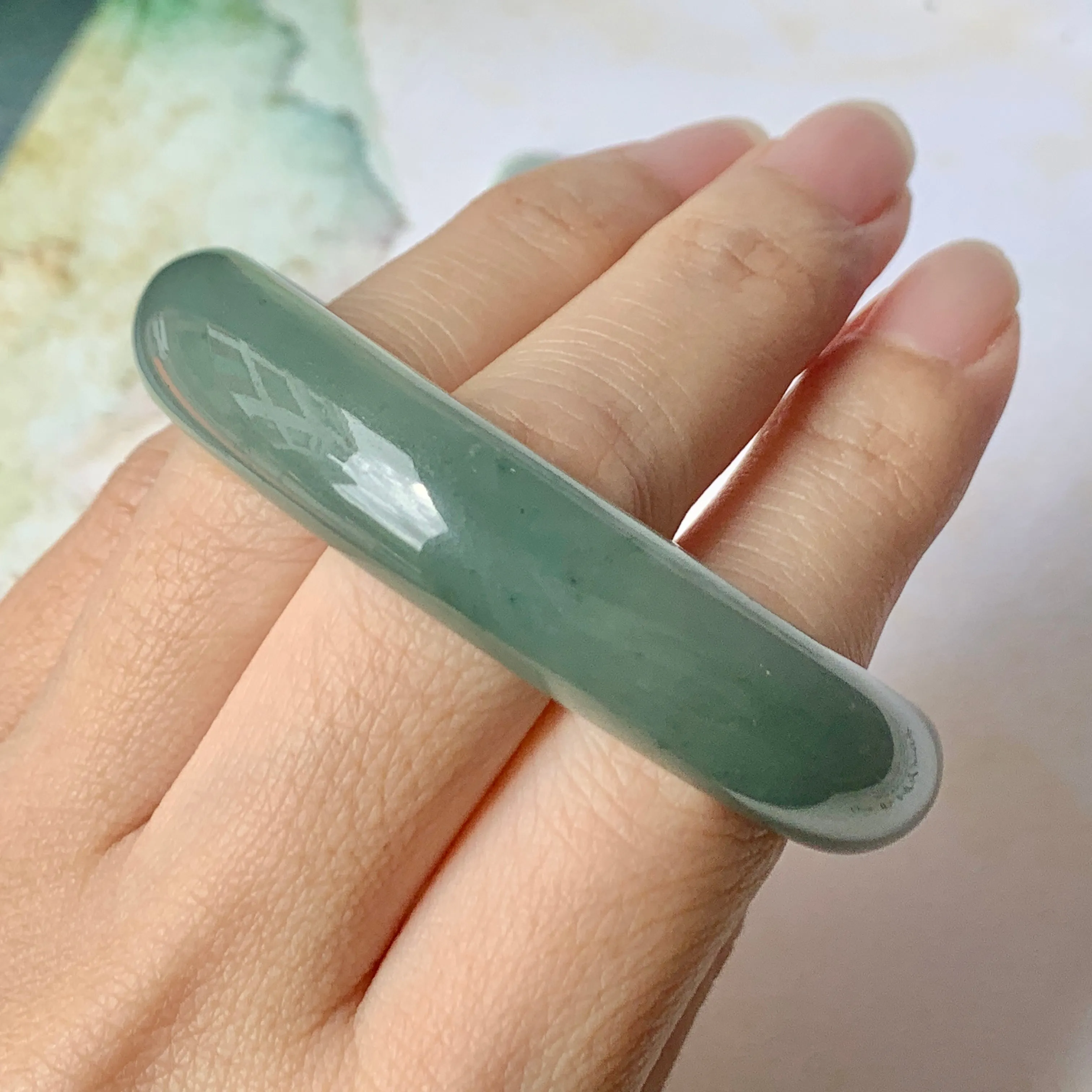 SOLD OUT: 52.9mm A-Grade Natural Bluish Green Jadeite Modern Oval Bangle No.151925