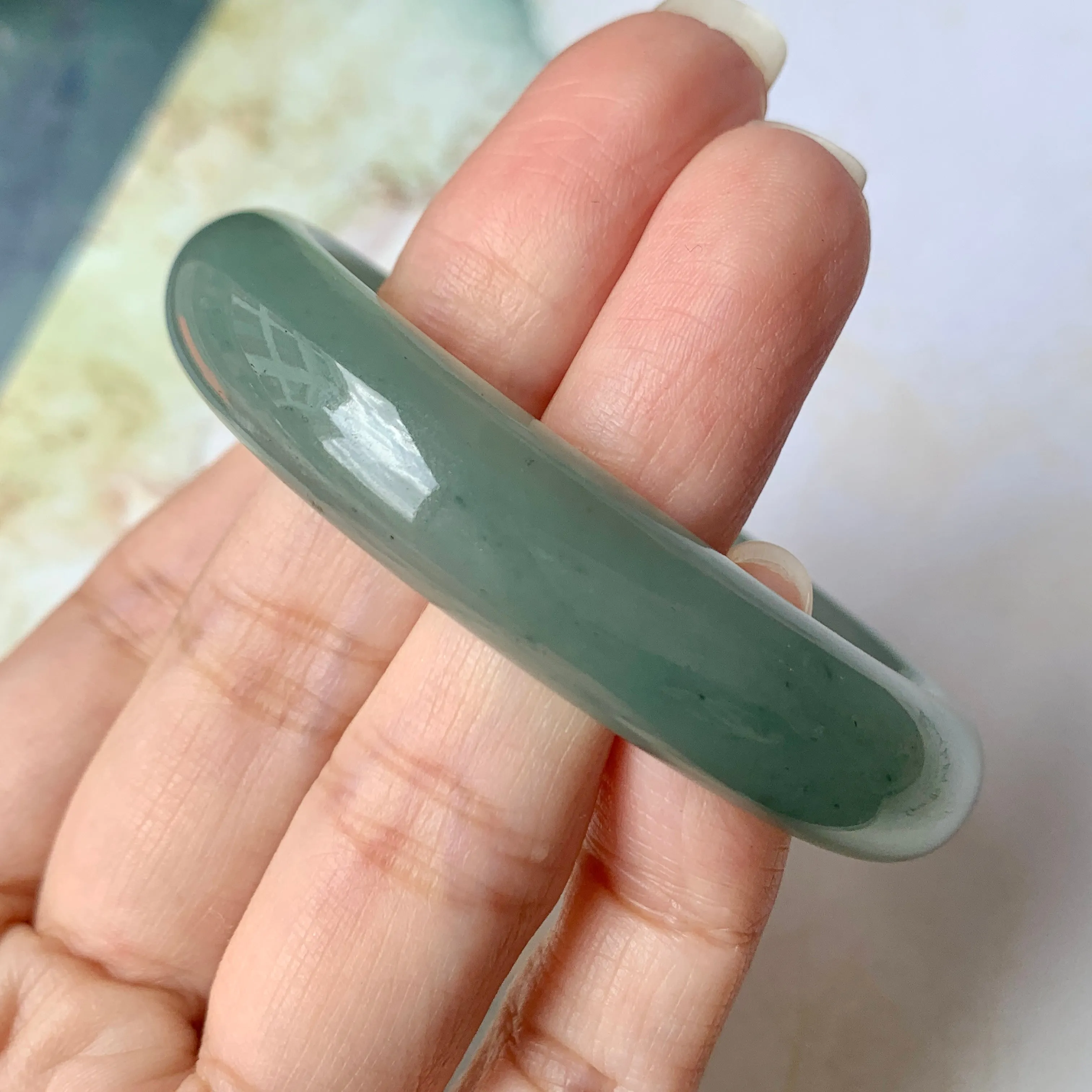 SOLD OUT: 52.9mm A-Grade Natural Bluish Green Jadeite Modern Oval Bangle No.151925