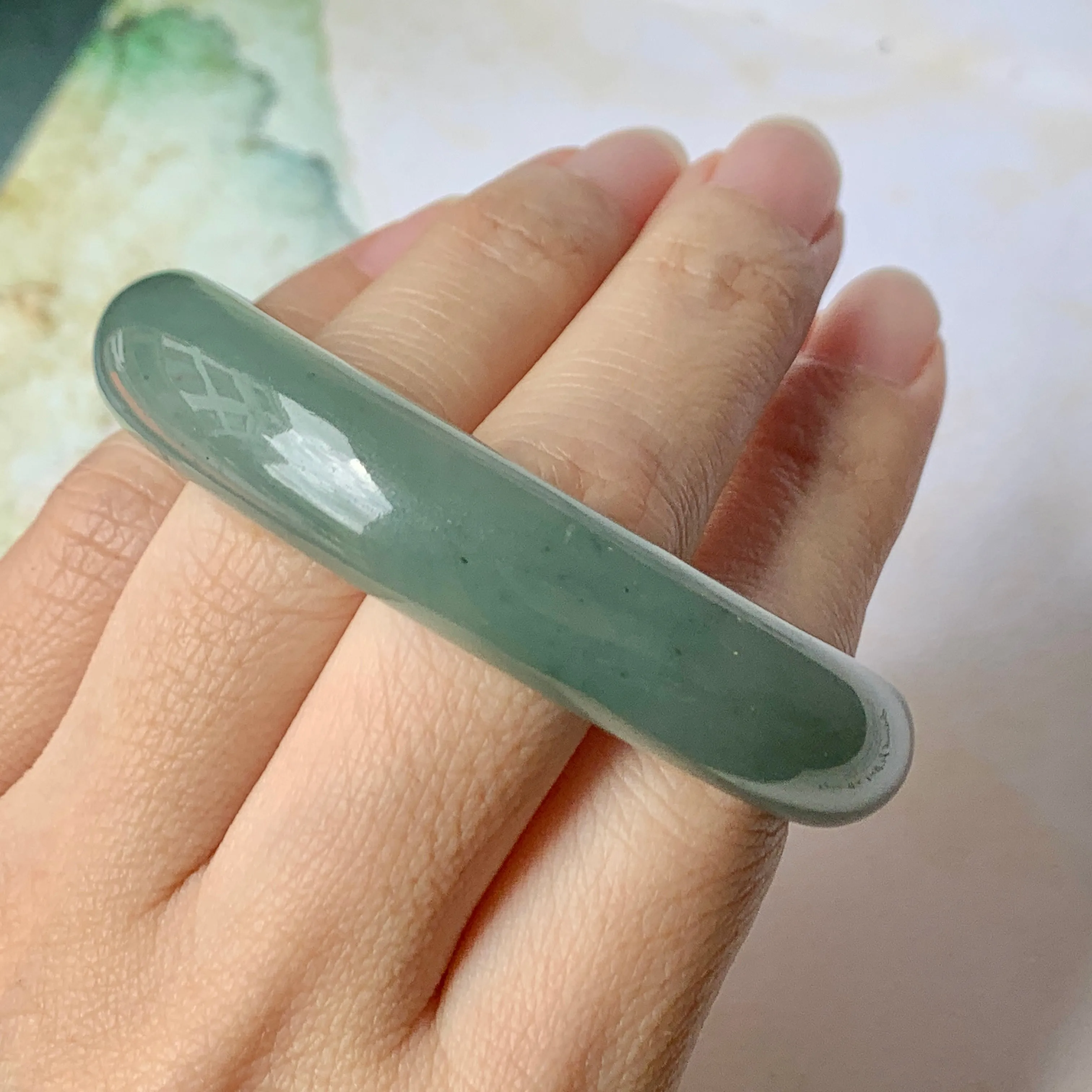 SOLD OUT: 52.9mm A-Grade Natural Bluish Green Jadeite Modern Oval Bangle No.151925