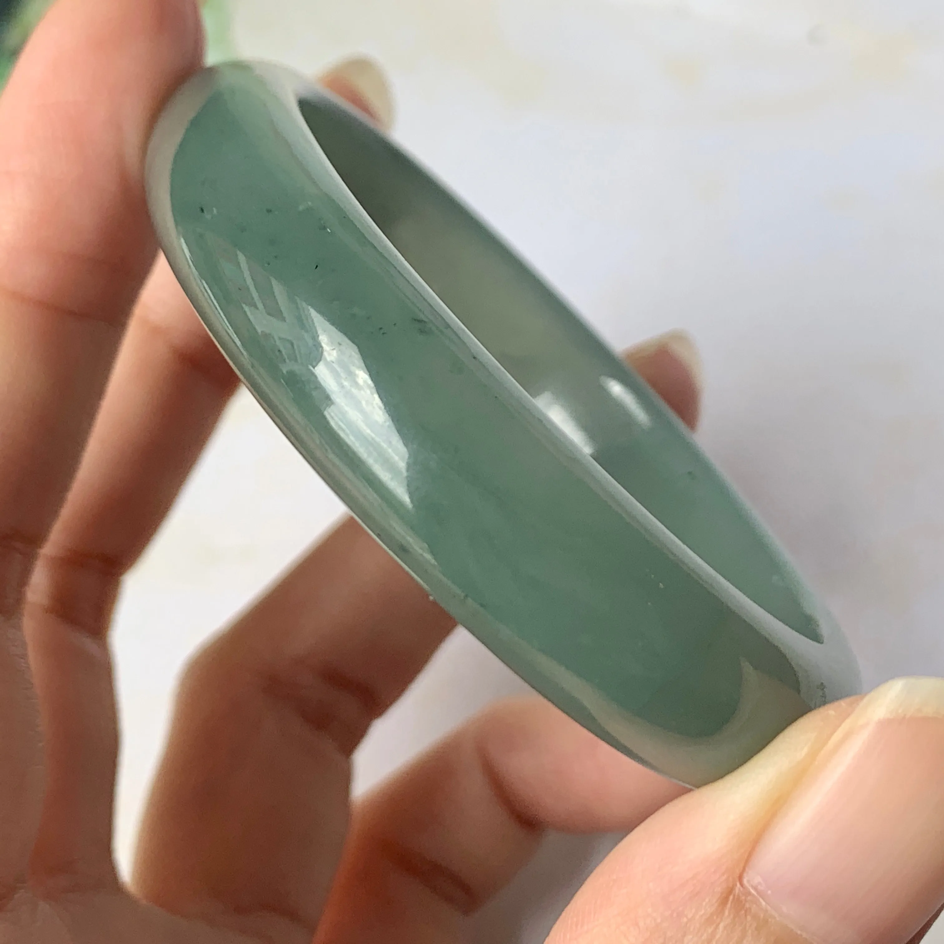 SOLD OUT: 52.9mm A-Grade Natural Bluish Green Jadeite Modern Oval Bangle No.151925