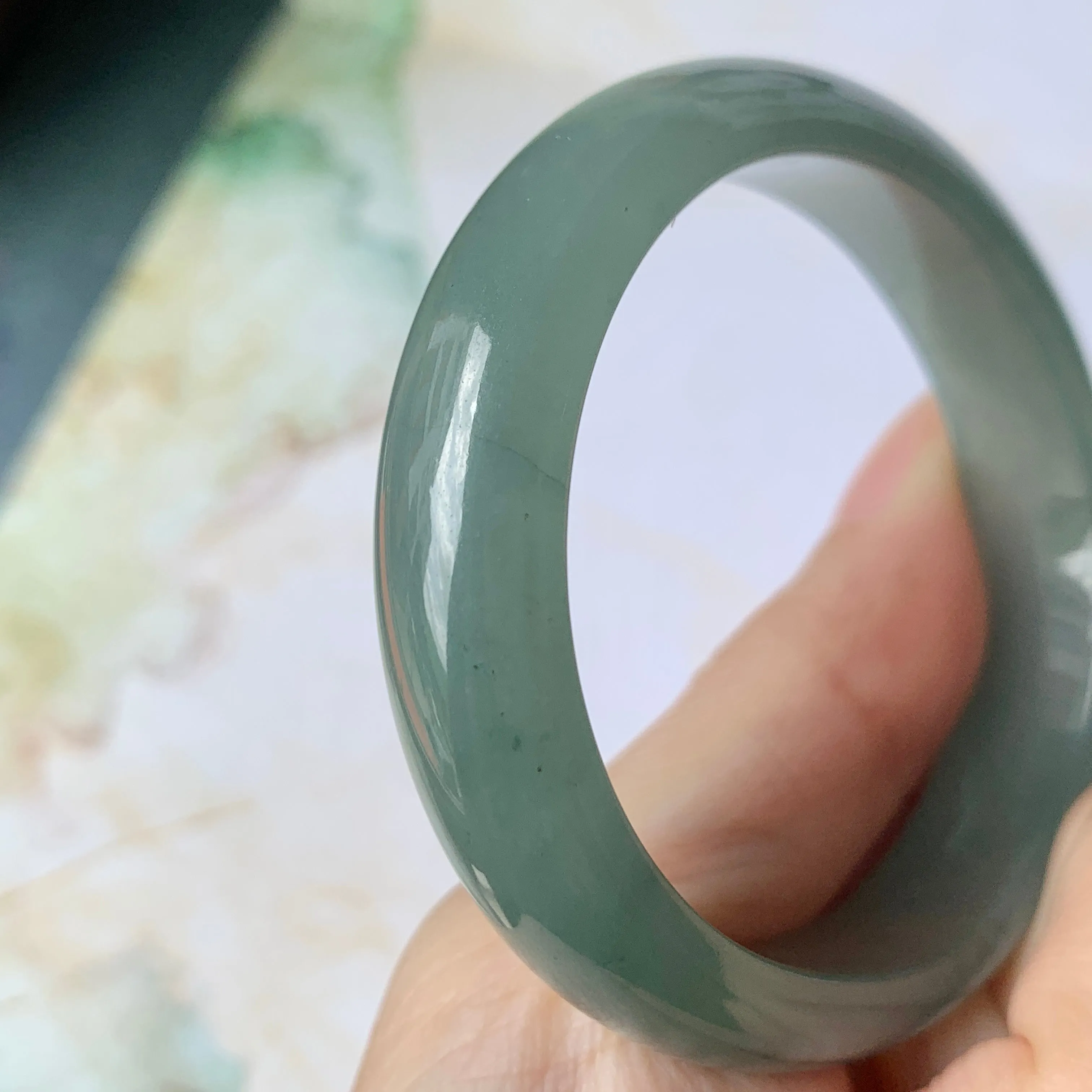 SOLD OUT: 52.9mm A-Grade Natural Bluish Green Jadeite Modern Oval Bangle No.151925