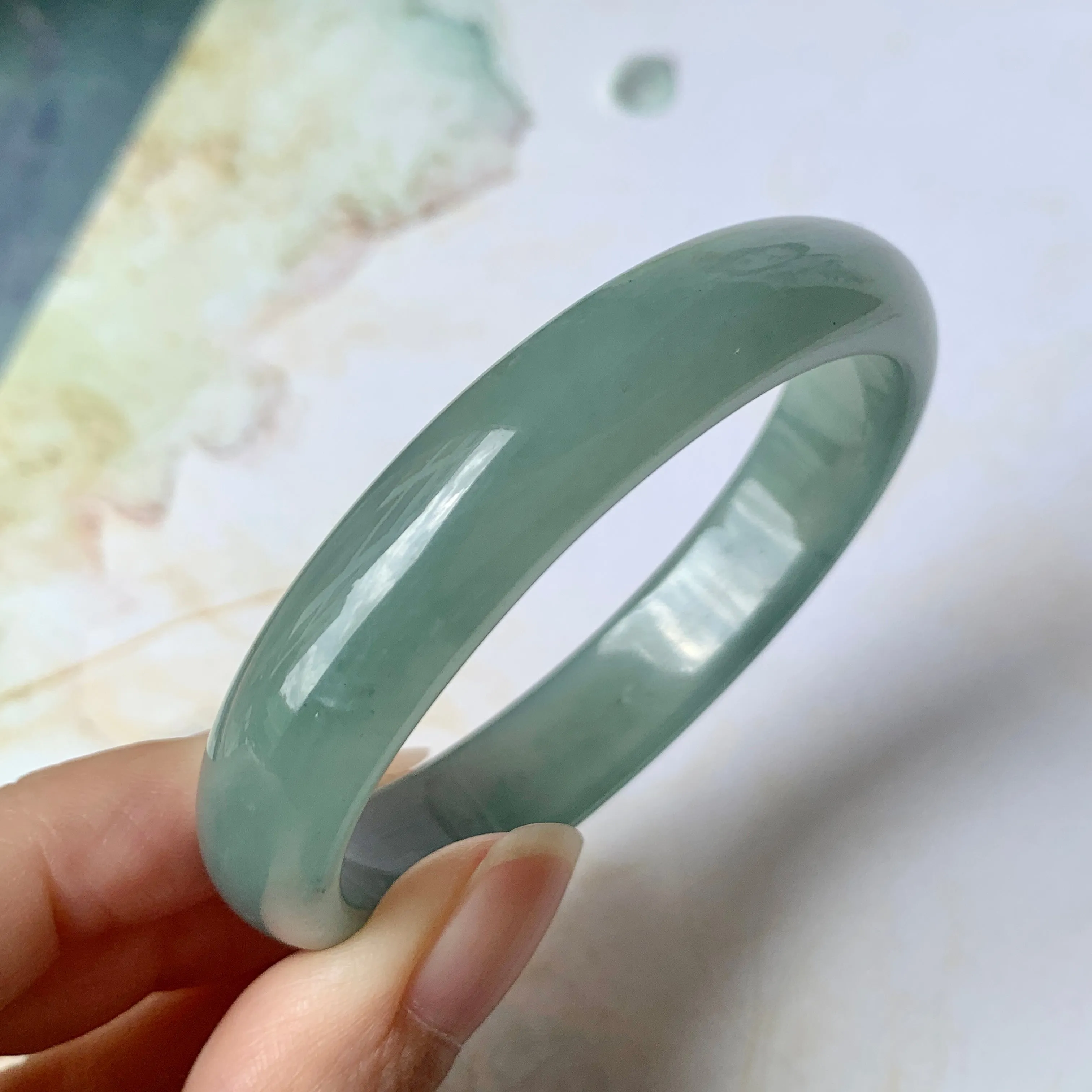 SOLD OUT: 52.9mm A-Grade Natural Bluish Green Jadeite Modern Oval Bangle No.151925