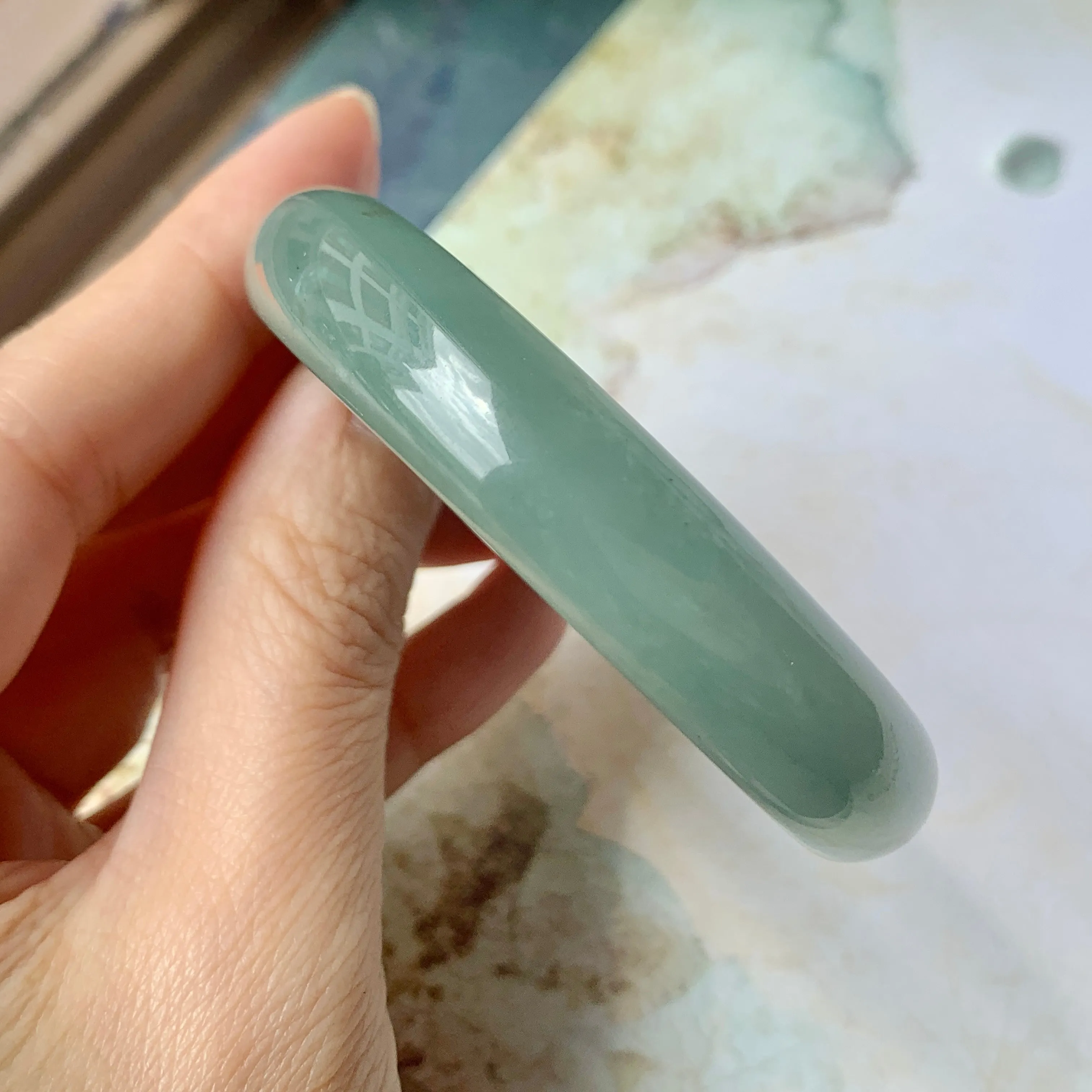 SOLD OUT: 52.9mm A-Grade Natural Bluish Green Jadeite Modern Oval Bangle No.151925