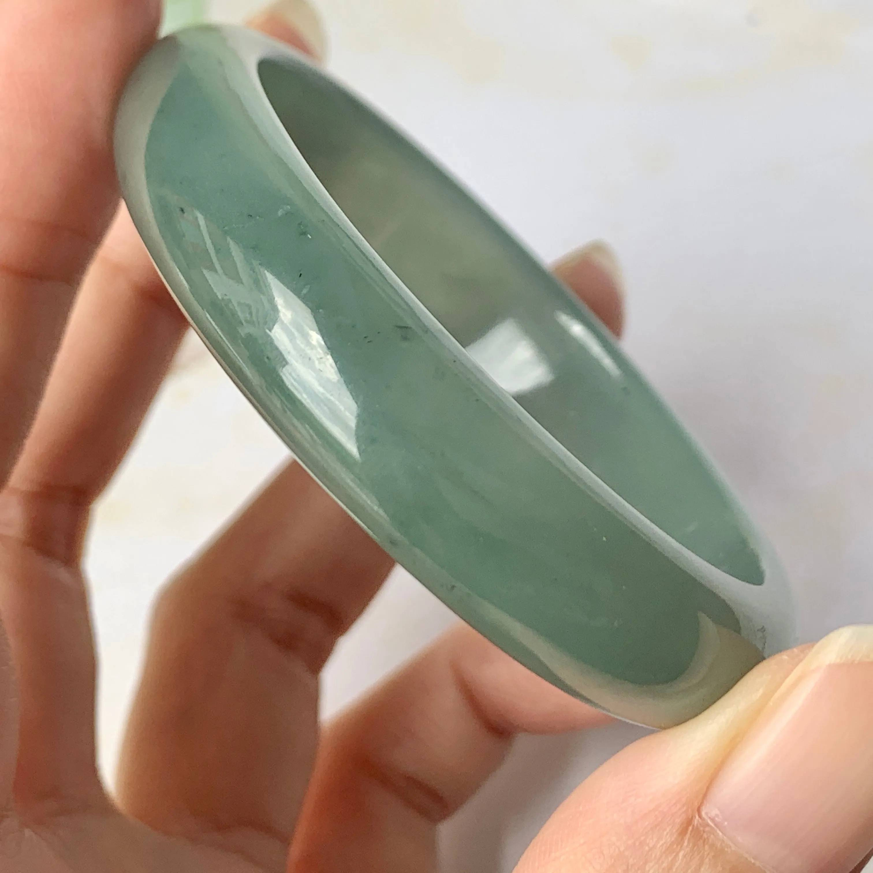 SOLD OUT: 52.9mm A-Grade Natural Bluish Green Jadeite Modern Oval Bangle No.151925