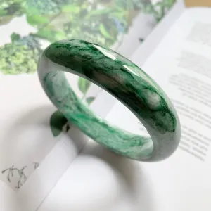 SOLD OUT: 59.7mm A-Grade Natural Marble Green Jadeite Modern Round Bangle No.151611