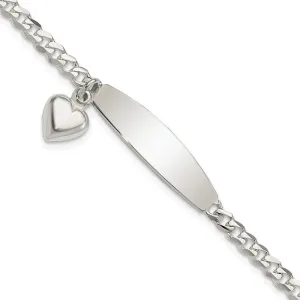 Sterling Silver Polished Curb Link ID Heart Dangle Bracelet