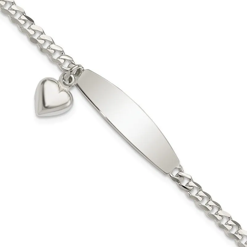 Sterling Silver Polished Curb Link ID Heart Dangle Bracelet