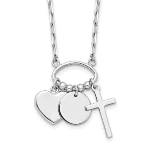 Sterling Silver Rhodium-plated Round Heart Cross Discs 32in Necklace