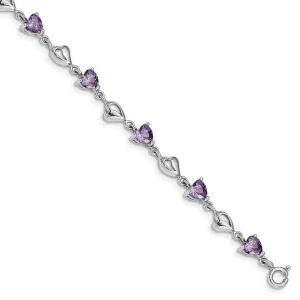 Sterling Silver Rhodium-plated w/1in ext Purple Crystal Hearts Bracelet