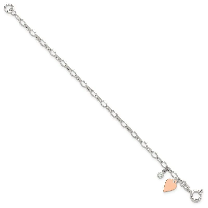 Sterling Silver Rose Gold-plated Polished w/Heart and CZ Link Bracelet