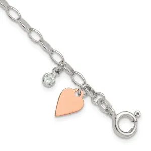 Sterling Silver Rose Gold-plated Polished w/Heart and CZ Link Bracelet