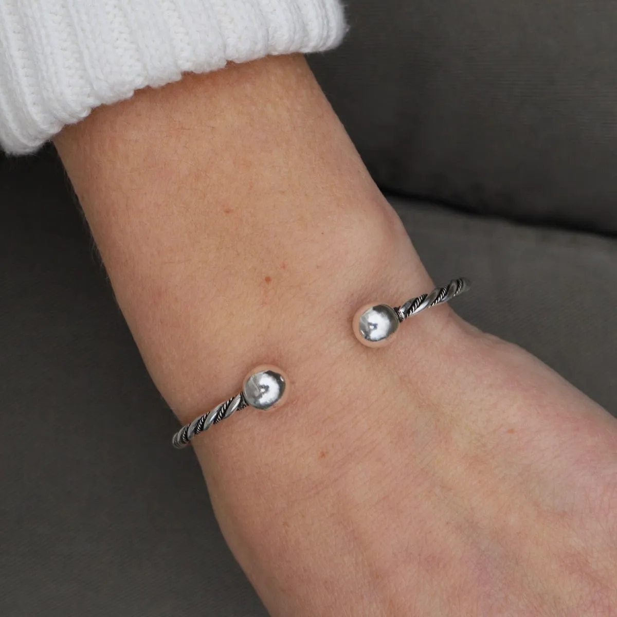 Thin Twisted Dots & Tube with Ball Ends Sterling Silver Cuff